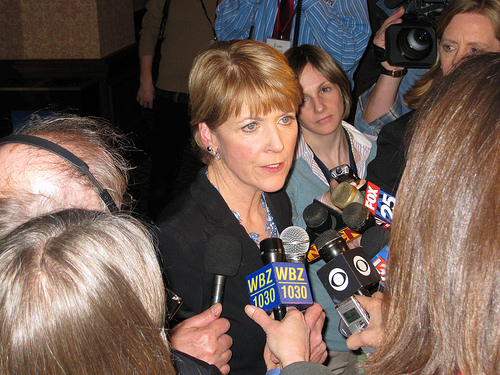 Coakley speaks with reporters following her victory rally Tuesday night at the Sheraton Boston. Click on image for more photos.